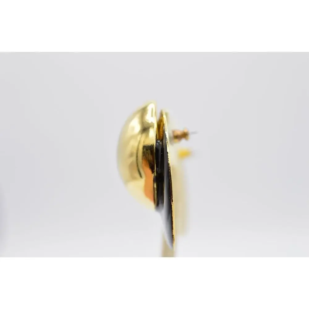 Vintage Post Round Earrings Black Enamel Shiny Gold Chunky Metal NOS 1980s BinAA